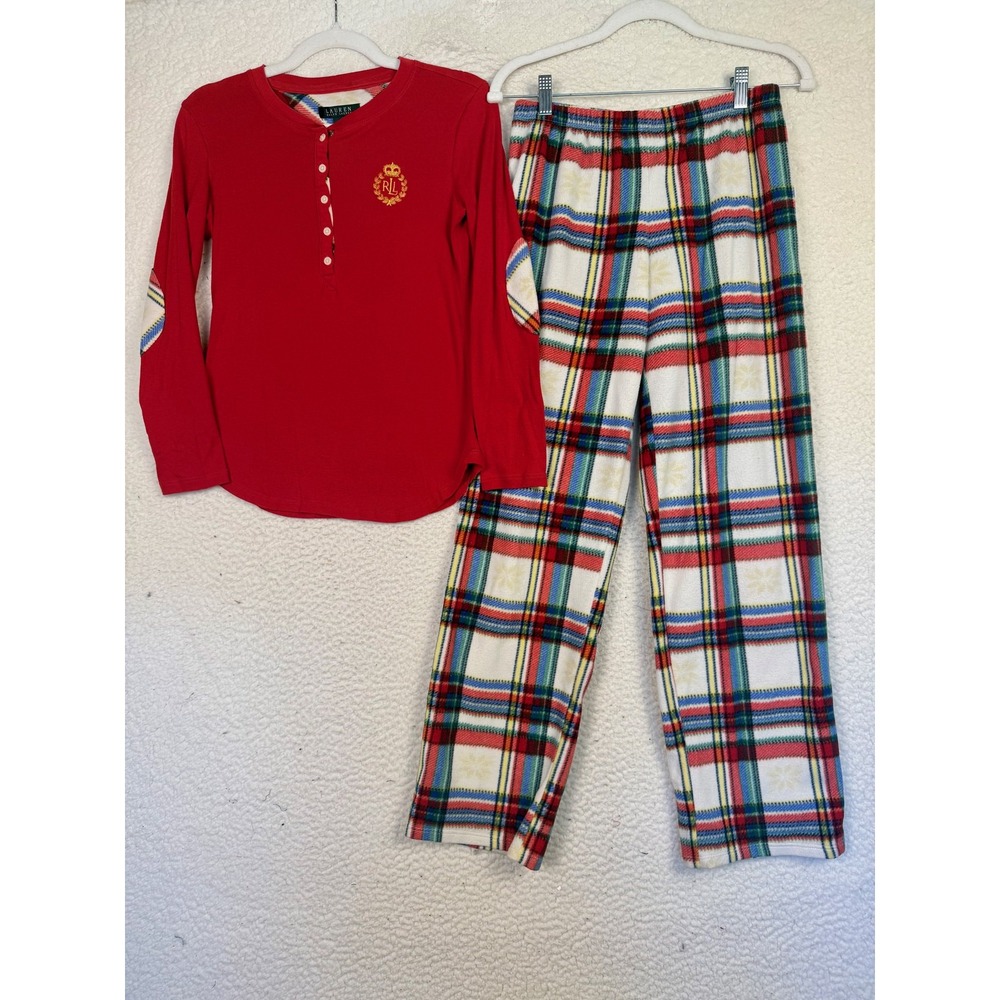 Lauren Ralph Lauren Pajama Set Womens S Red Plaid Henley Fleece Embroidered